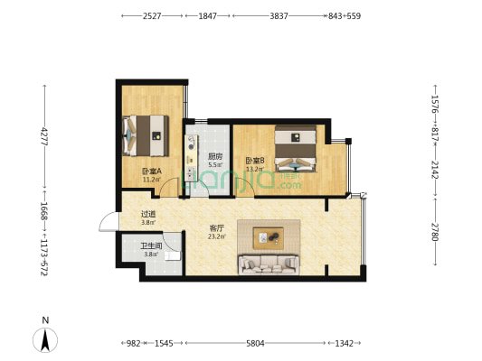 昆明恒大林溪郡 2室1厅1卫 84平方