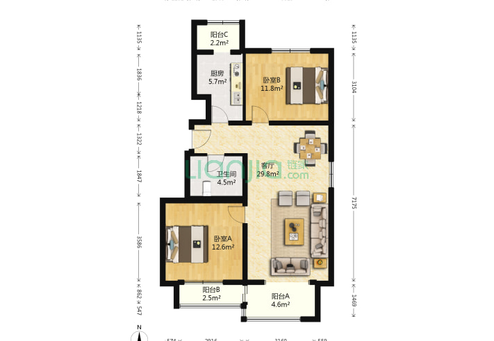 2室1廳1衛92.72㎡-北京首座御園一期戶型圖