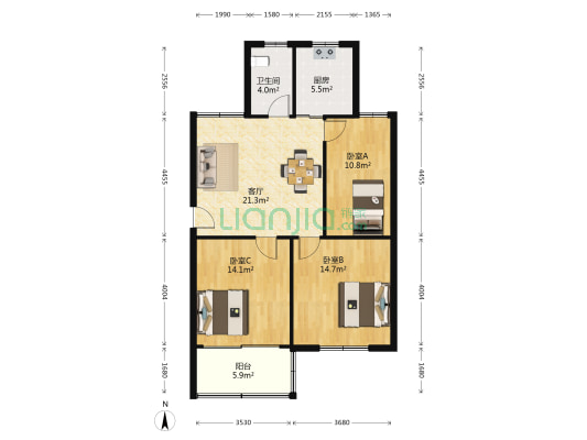 花园五村住宅小区 3室1厅1卫 92平方