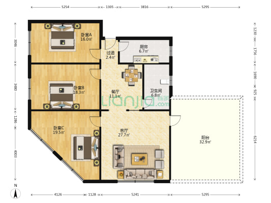 模范街25号 3室2厅1卫 133平方
