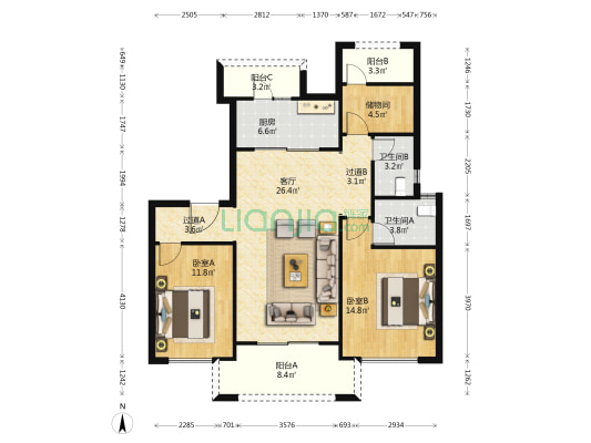 首创西江阅 2室1厅2卫 110平方
