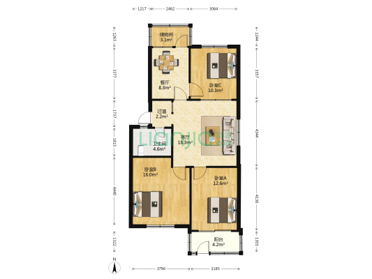 劳动服务公司宿舍 3室2厅1卫 93平方