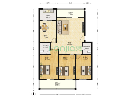 西安松苑实业公司住宅区 3室2厅2卫 149平方