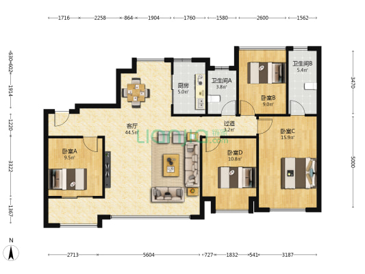 国贸天琴海 4室1厅2卫 143平方