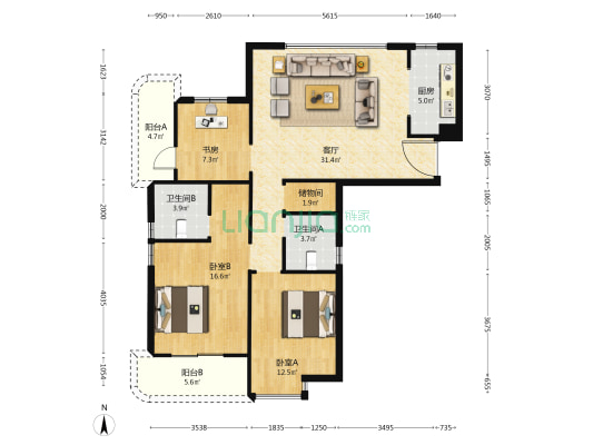 甲里家园二组团 3室1厅2卫 123平方