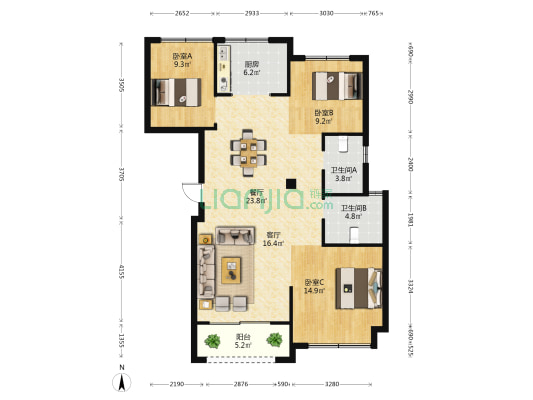 湖滨山庄 3室2厅2卫 114平方