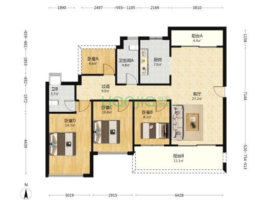 吉祥东方花园 4室1厅2卫 115平方