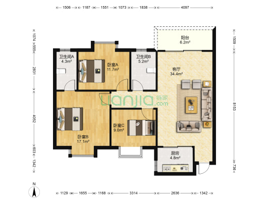 国盛花园 3室1厅2卫 106平方