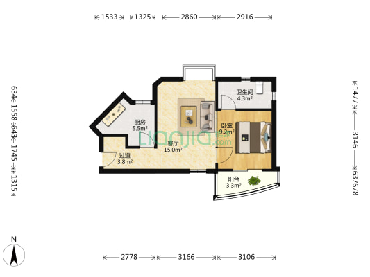 轩景苑 1室1厅1卫 60平方