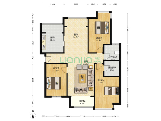 御景园精装修三羊开泰三居室诚意出售-户型图