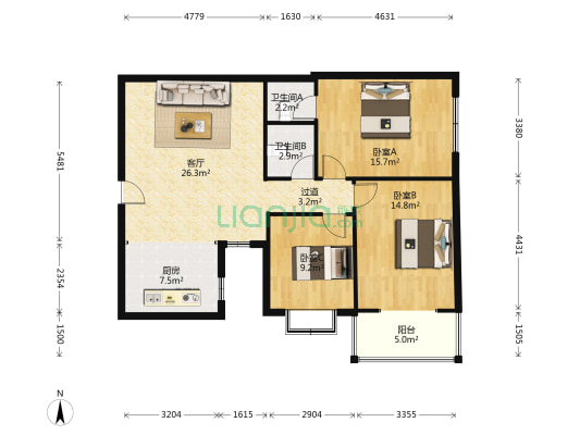 双塔商圈生活方便交通便利一层三居适老年人居住-户型图
