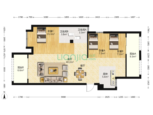 世茂上游墅三期 3室1厅2卫 121平方
