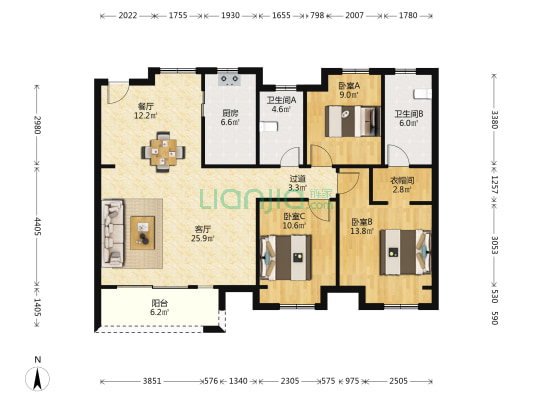 富力院士庭一期 3室2厅2卫 128平方