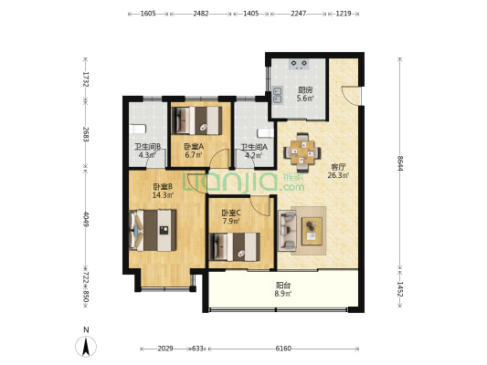 万科燕语光年 3室1厅2卫 107平方