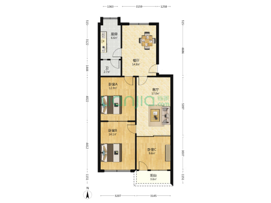 人民西路288号 3室2厅1卫 63平方
