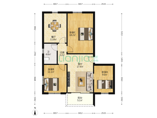 为群巷1号 3室2厅1卫 86平方