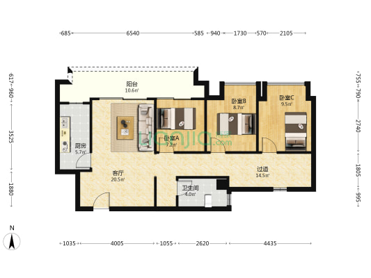 金科博翠未来A区 3室1厅1卫 91平方