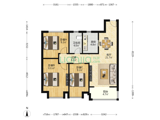 湾流阔景 3室1厅1卫 97平方