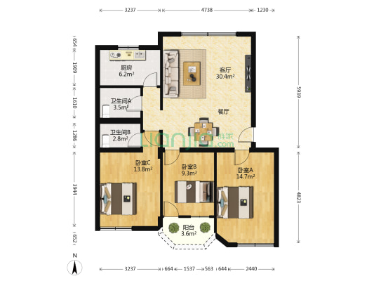 宝莲花园 3室1厅2卫 110平方