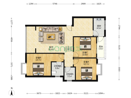枫香庭 3室1厅2卫 105平方