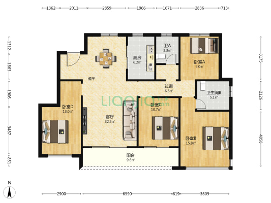 江辰府 4室1厅2卫 139平方