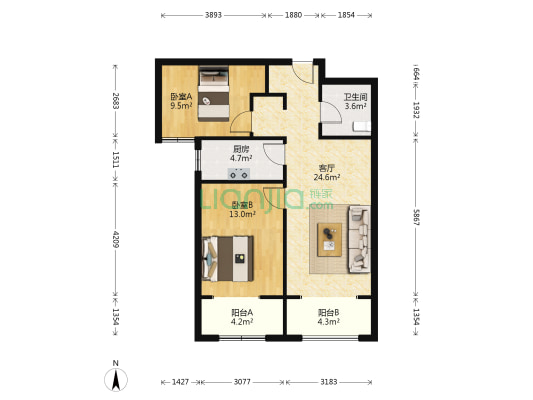 一层双阳台经典两居，视野采光好。-户型图