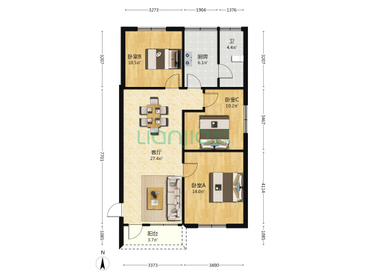 朝福路64号 3室1厅1卫 98平方