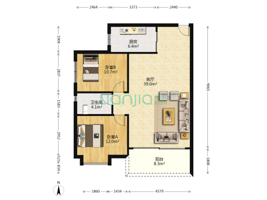 美力花园 2室1厅1卫 90平方