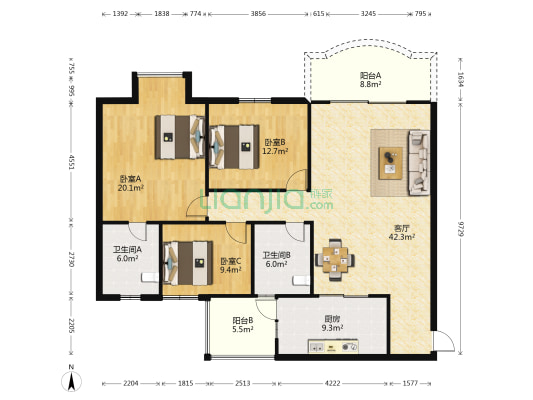富貴公寓 3室1厅2卫 122平方