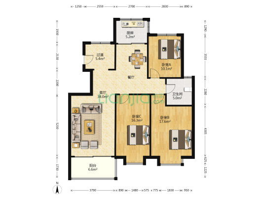 依云法国小城 3室1厅1卫 121平方