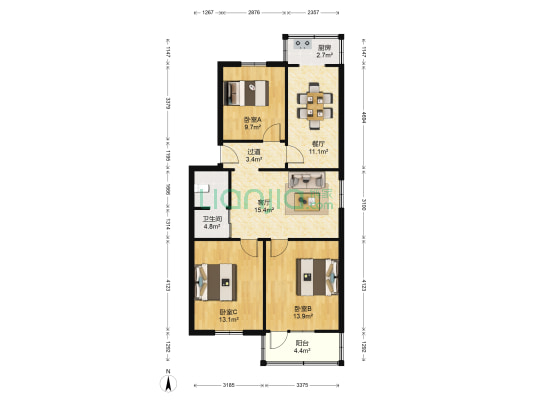 梅山路69号 3室2厅1卫 91平方