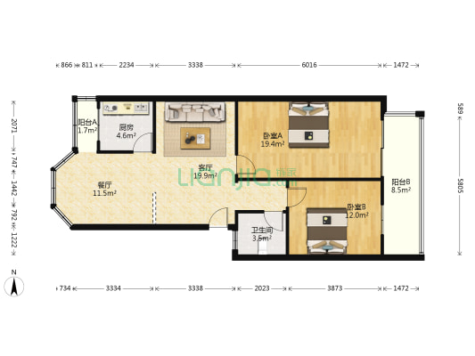 洪房园艺小区 2室2厅1卫 89平方