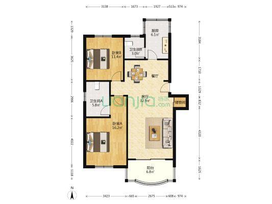 鹤兴苑 2室1厅2卫 95平方