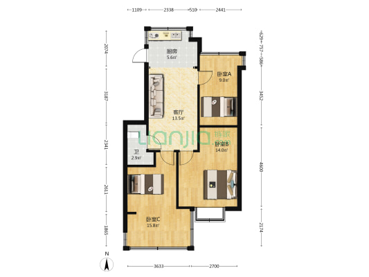永和里1号院 3室1厅1卫 54平方