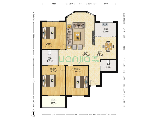圣明公寓 3室2厅2卫 132平方