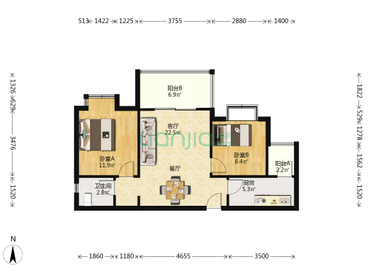 彭都国际 2室1厅1卫 73平方