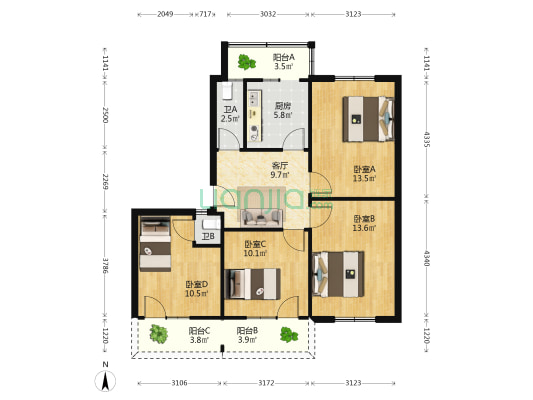 财税局家属院 4室1厅2卫 92平方