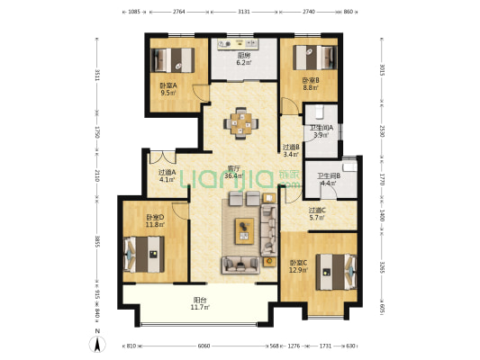 大华锦绣前城二三期 4室1厅2卫 142平方