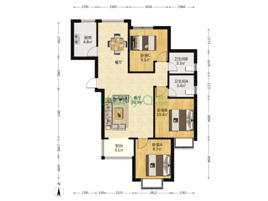 紫檀华都北院 3室1厅2卫 106平方