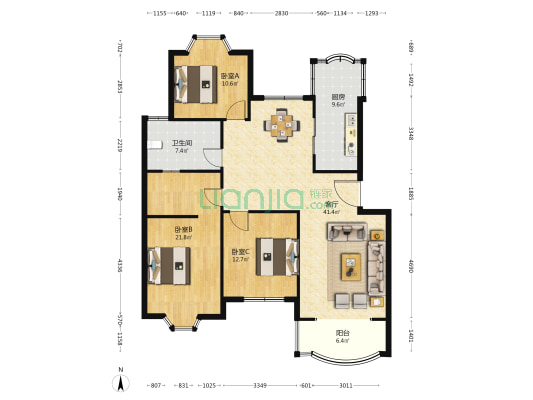 明珠锦园小区 3室1厅1卫 129平方