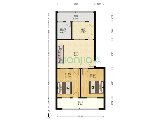 火花公寓 2室2厅1卫 76平方