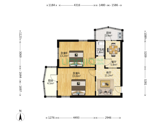 省政府宿舍 2室2厅1卫 68平方