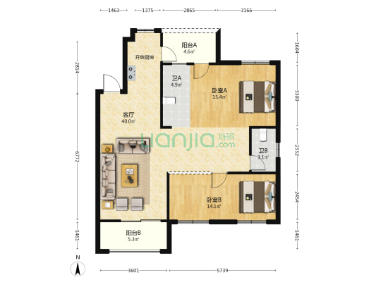 夏荷郡一区 2室1厅2卫 122平方