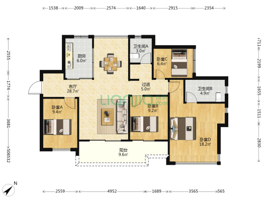 中海寰宇时代花园 4室1厅2卫 120平方