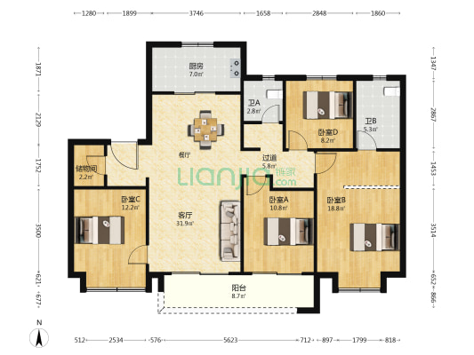 上湖城三期 4室1厅2卫 138平方