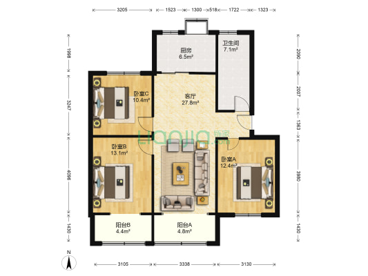 美校家属院 3室1厅1卫 98平方