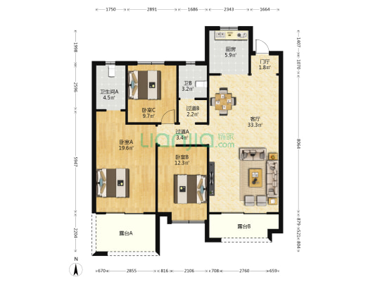 绿地新里城一期 3室1厅2卫 144平方