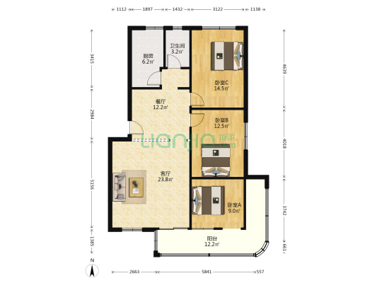 兴能花园 3室2厅1卫 105平方