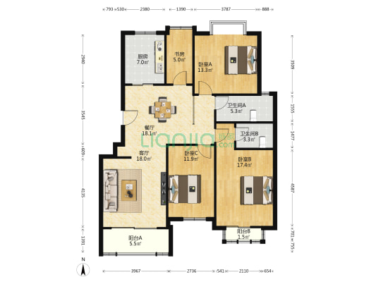 朗晴名居 4室2厅2卫 124平方