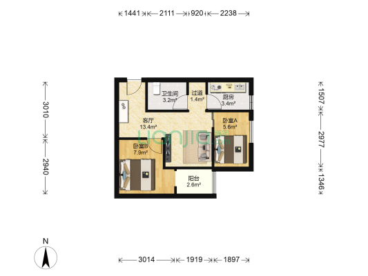 三泰温州大厦 2室1厅1卫 62平方